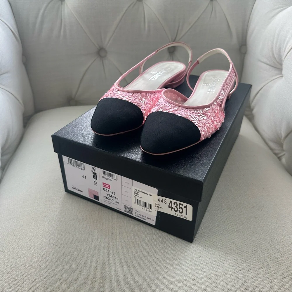 CHANEL Slingbacks Pink/Black Sequin Sofia Richie 23C With Box - Picture 5 of 15